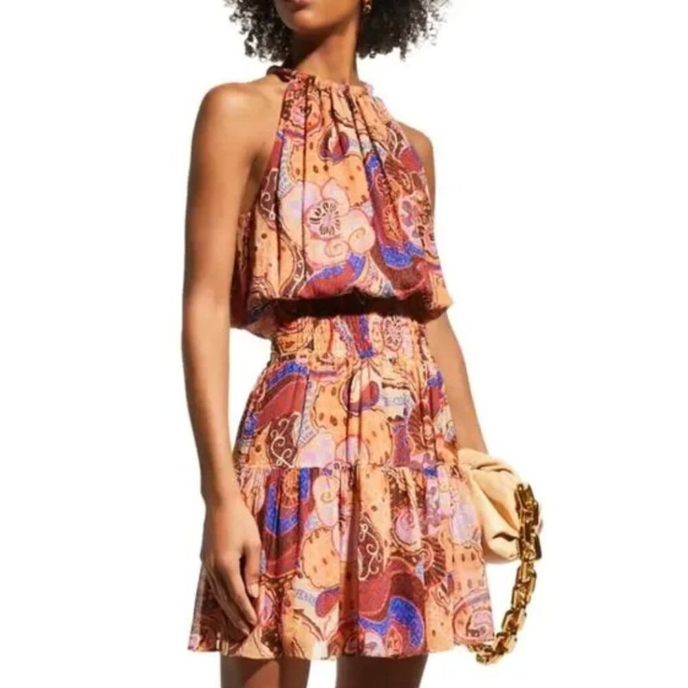 A.L.C. Cory 100% Silk Terracotta Paisley Print Blouson Mini Dress 8 - Picture 1 of 9